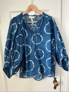 Apiece Apart Indigo Blue Geometric V-Neck Peasant Top